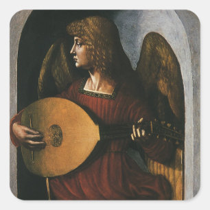 Leonardo da Vinci"s Ein Engel in Rot mit Lute Quadratischer Aufkleber