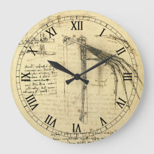 Leonardo da Vincis Flügel auf der Skizze einer Flu Große Wanduhr