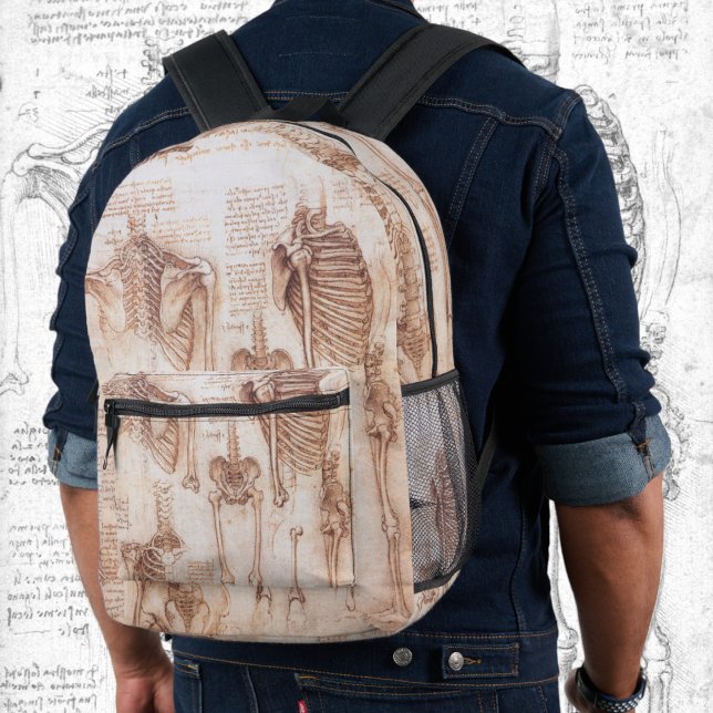 Leonardo da Vincis menschliche Anatomie Skelettkno Bedruckter Rucksack (Human Anatomy Skeleton Bones by Leonardo da Vinci Printed Backpack)