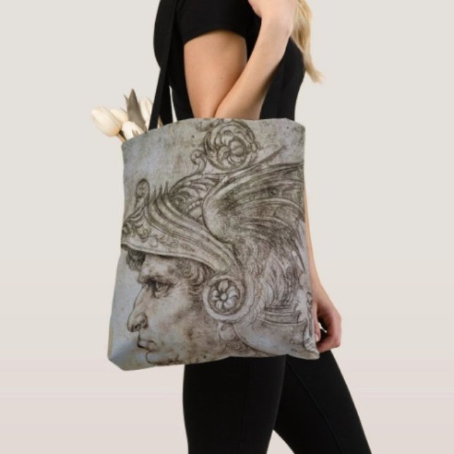 Leonardos behelmter Krieger (Da Vinci’s Ancient Warrior Sketch Travel Tote Bag, laminated lining extra support. Made in the USA. )