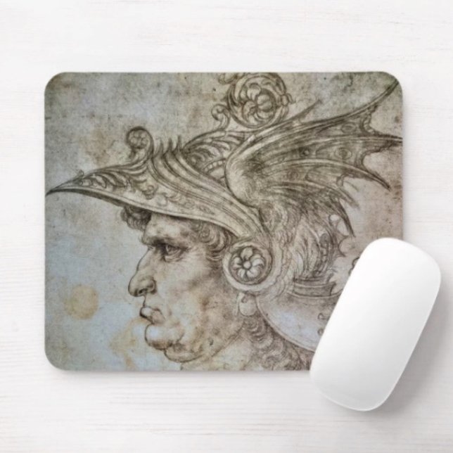 Leonardo's Helmeted Warrior Mousepad (Da Vinci’s Ancient Warrior Sketch mouse pad dust and stain resistant. 9.25"l x 7.75"w.  Rubber back.)
