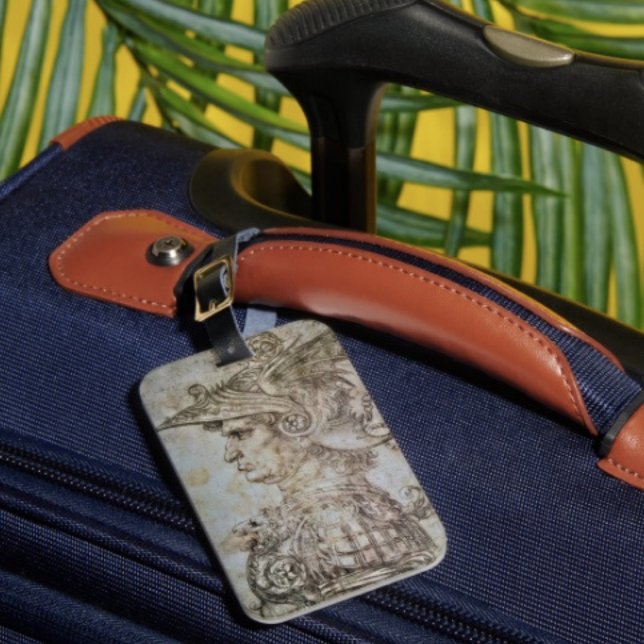 Leonardos Krieger mit Helm Gepäckanhänger (Da Vinci's Warrior luggage tag   single-sided w cardsSlot, weatherproof, leather strap included. )
