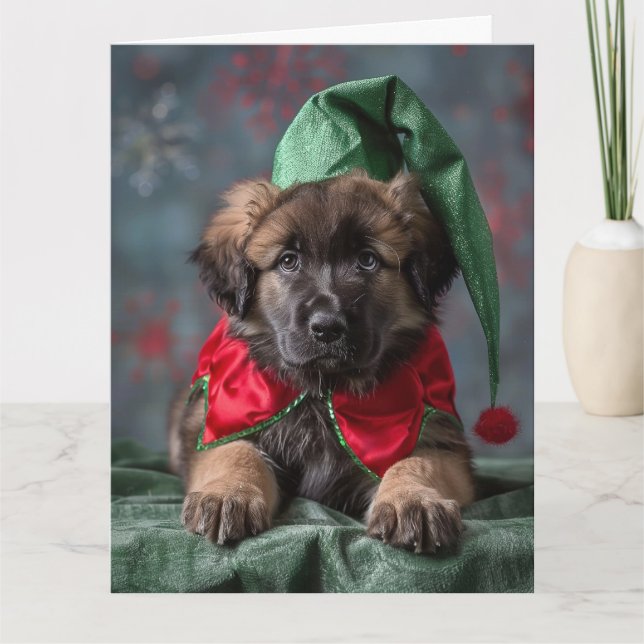 Leonberger Elf Puppy Christmas Card Karte (Vorderseite)