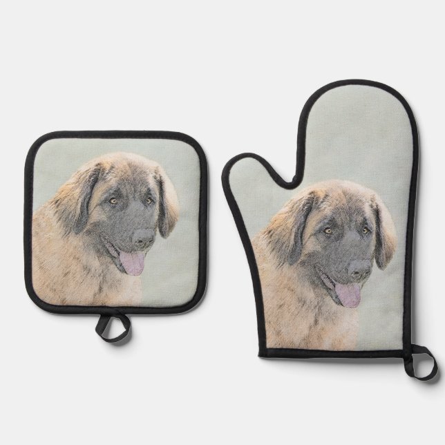 Leonberger Malerei Leo Niedlich Original Haustier  Ofenhandschuh & Topflappen-Set (Vorderseite)