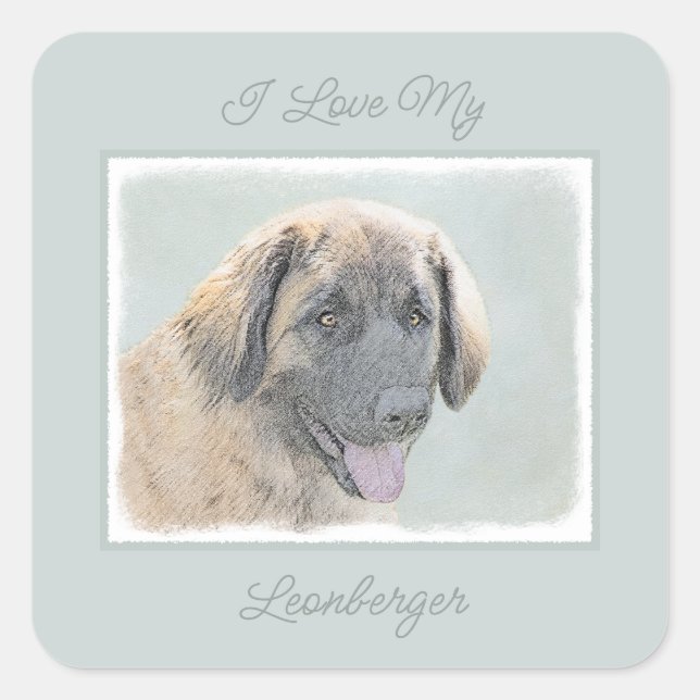 Leonberger Painting - Cute Original Dog Art Square Quadratischer Aufkleber (Vorderseite)