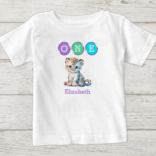 Leopard 1. Geburtstag eins mit Namen lila Baby T-shirt