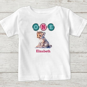 Leopard 1. Geburtstag eins mit Namen rosa grün Baby T-shirt
