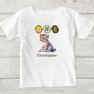 Leopard 1. Geburtstag mit dem Namen gelb grün Baby T-shirt