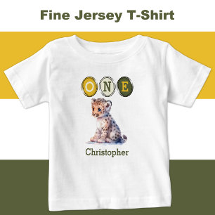 Leopard 1. Geburtstag mit dem Namen gelb grün Baby T-shirt