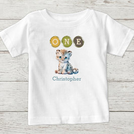 Leopard 1. Geburtstag mit Namen blau Baby T-shirt