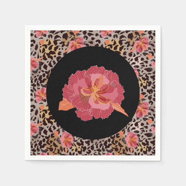 Leopard Animal Print and Pink Blume auf Black Serviette (Vorderseite)