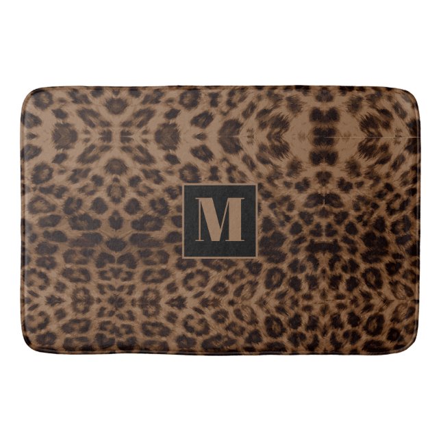 Leopard Animal Print Brown Black Chic Monogramm Badematte (Vorderseite)