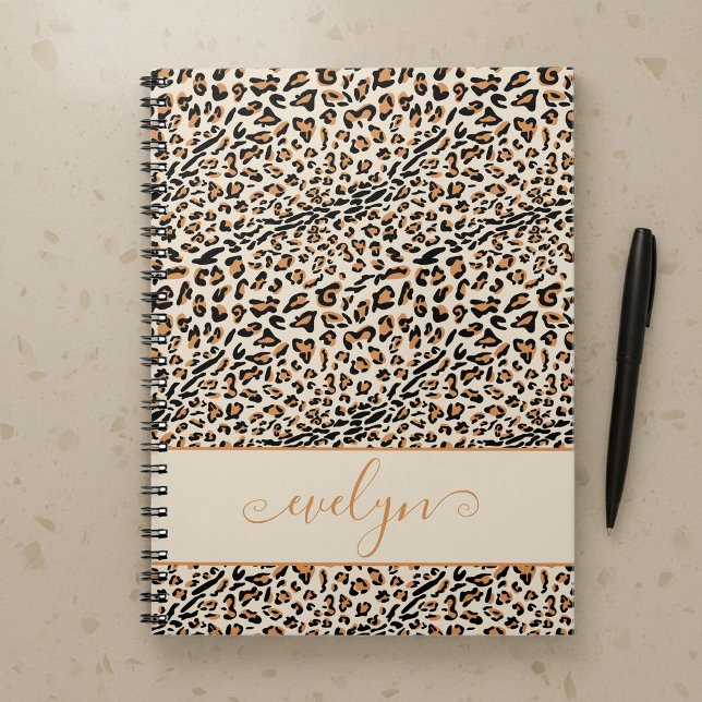 Leopard Animal Print Creme Black Tan Personalisier Notizblock (Personalized Notebook with leopard print by Darling & May)