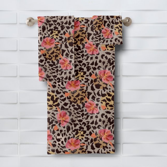 Leopard Animal Print Floral Muster Badhandtuch Set (Leopard Animal Print Floral Pattern Bath Towel Set (white on reverse), buy pieces separately, too)