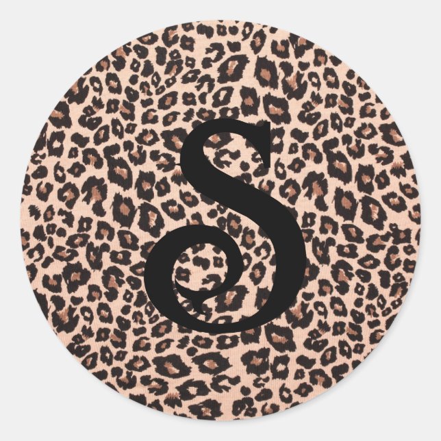 Leopard Animal Print Monogram Round Aufkleber (Vorderseite)