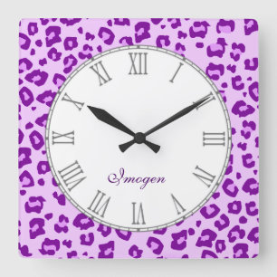 Leopard animal print purple name wall clock quadratische wanduhr