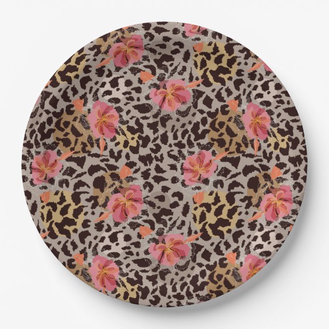 Leopard Animal Print und Rosa Blume Pappteller (Vorderseite)