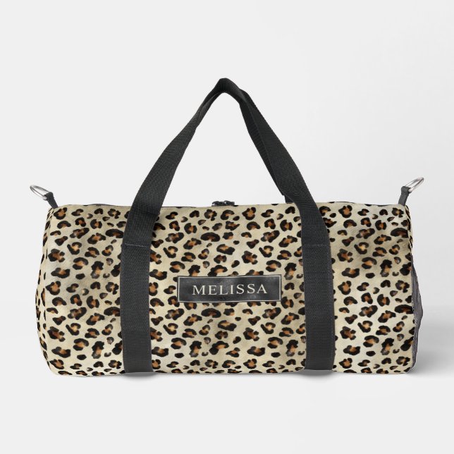 Leopard Animal Print With Black Faux Foil And Name Duffle Bag (Vorderseite)