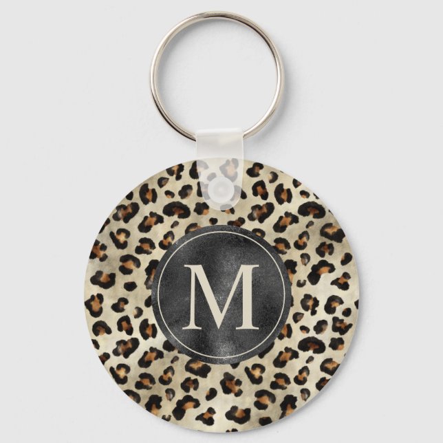 Leopard Animal Print With Black Faux Foil Monogram Schlüsselanhänger (Vorderseite)