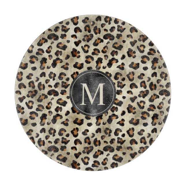 Leopard Animal Print With Black Faux Foil Monogram Schneidebrett (Vorderseite)