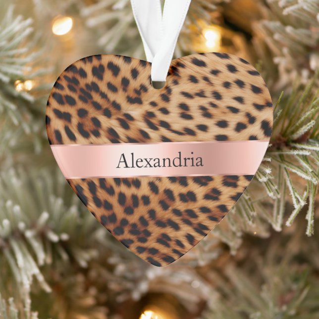 Leopard Animal Rose Rosa Ribbon Name Ornament (Baum)