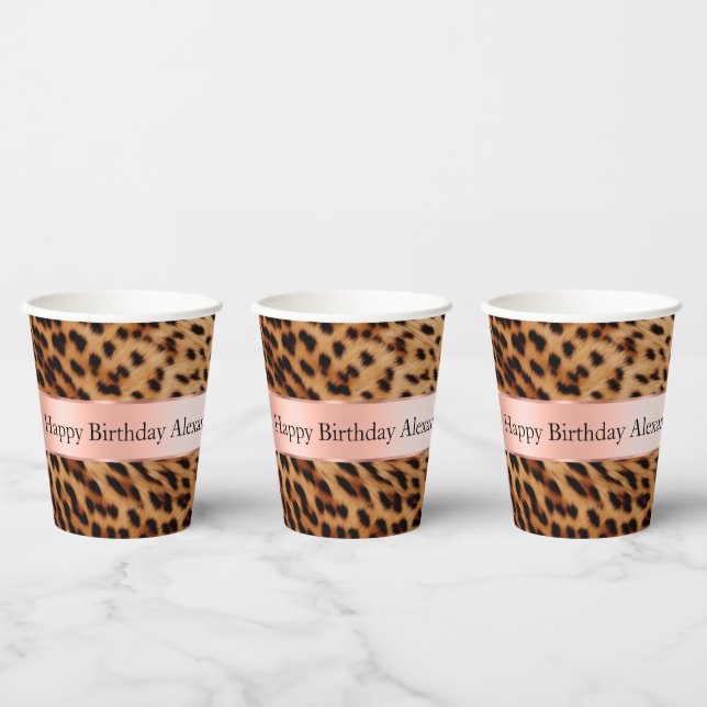 Leopard Animal Rose Rosa Ribbon Name Pappbecher (Multi)