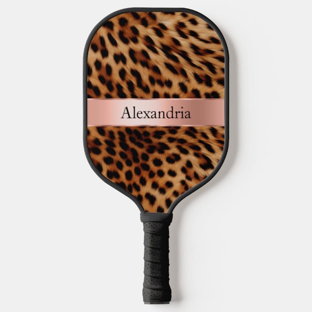 Leopard Animal Rose Rosa Ribbon Name Pickleball Schläger (Vorderseite)