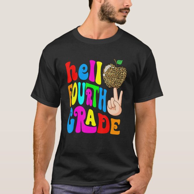 Leopard Apple Hello 4th Grade Teacher Kids Back To T-Shirt (Vorderseite)