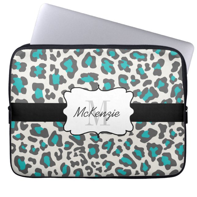 Leopard-Aqua-graues Weiß-Neopren-Laptop-Hülse Laptopschutzhülle (Vorderseite)