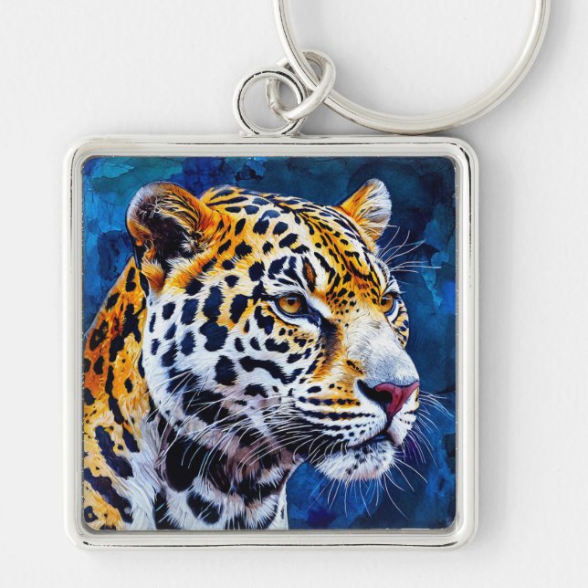 Leopard auf blauem Hintergrund Schlüsselanhänger (Vorne)