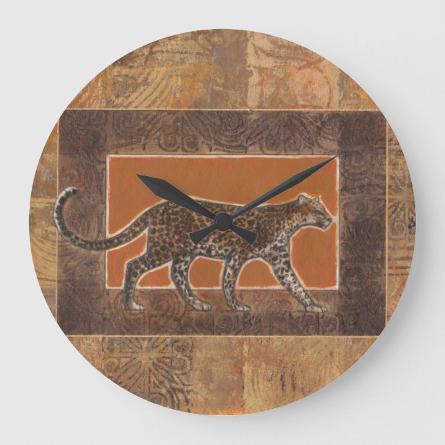 Leopard auf Orange und Brown-Hintergrund Große Wanduhr (Vorderseite)