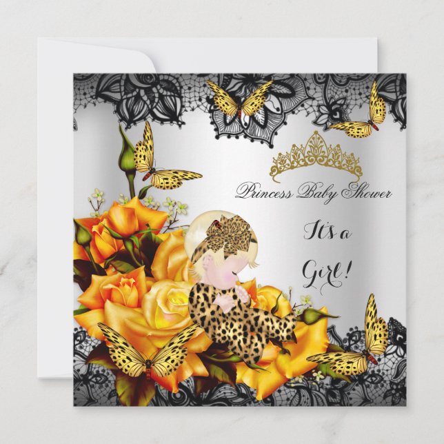 Leopard Baby Shower Girl Butterfly Yellow Grau Einladung (Vorderseite)