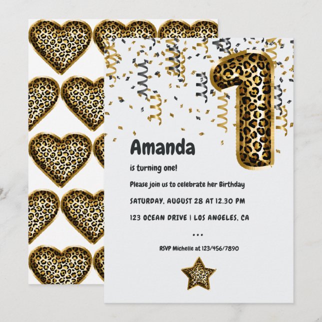 Leopard Balloon Einladung zum 1. Geburtstag (Vorne/Hinten)