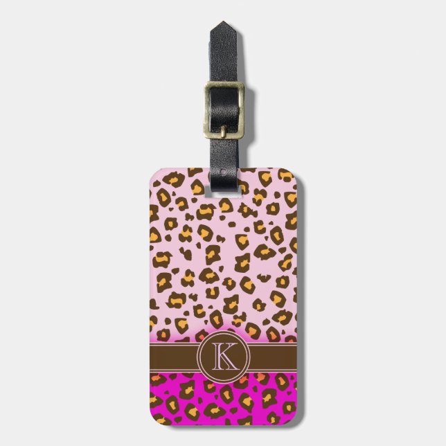 Leopard bedruckt rosa, braun, monogramm Gepäckanhä Gepäckanhänger (Vorderseite vertikal)