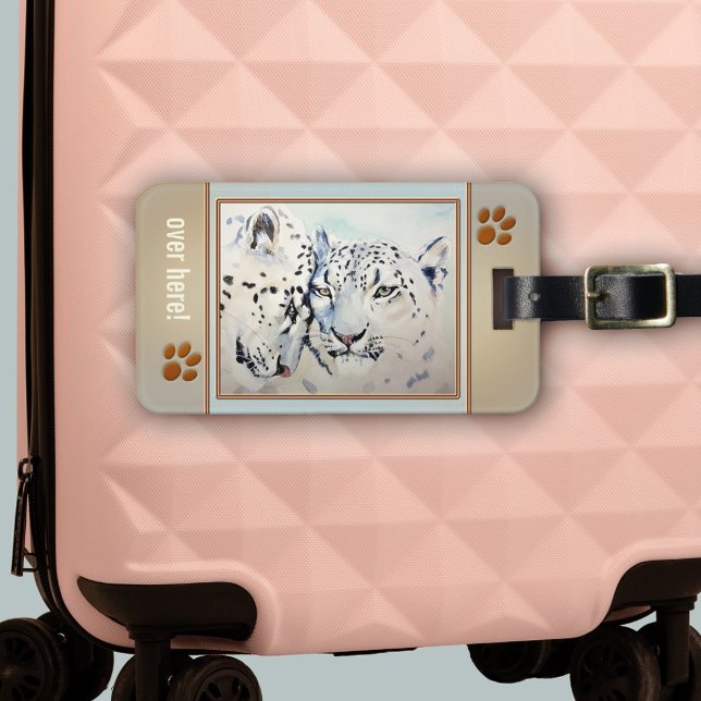 Leopard Big Cat Liebe Gepäcktag Gepäckanhänger (Luggage tag featuring a watercolor of two lovely leopards framed by cute cat paws and your own text)
