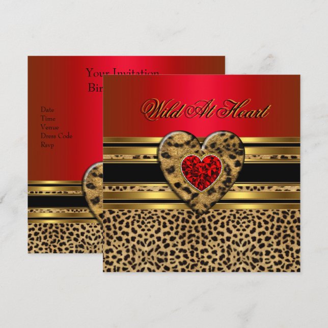 Leopard Birthday Wild at Heart Black Gold Red 2 Einladung (Vorne/Hinten)