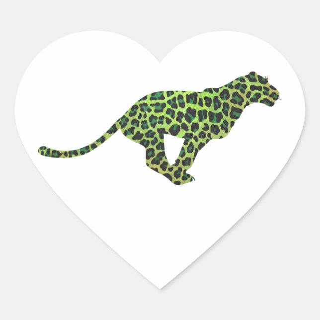 Leopard Black and Green Silhouette Herz-Aufkleber (Vorderseite)
