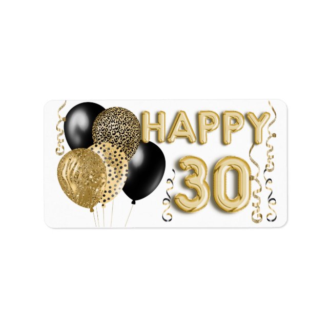 Leopard Black Gold Balloons 30. Geburtstag Adressaufkleber (Vorne)