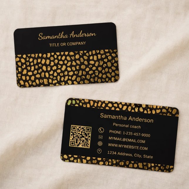 Leopard Black Gold Print QR Code luxury Visitenkarte (Von Creator hochgeladen)