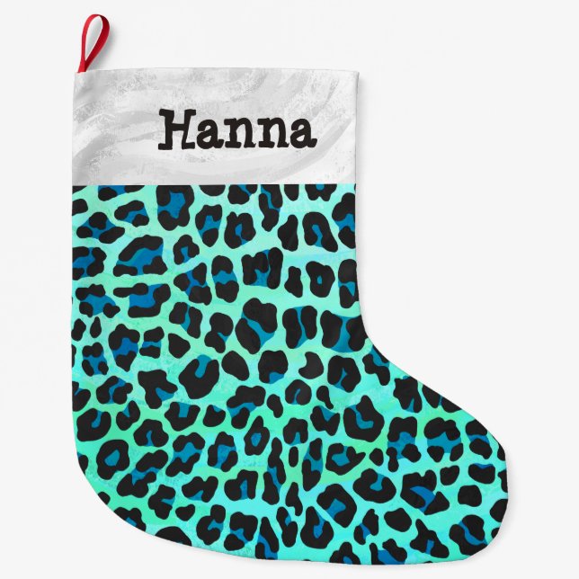 Leopard Black und Aquamarin Großer Weihnachtsstrumpf (Vorderseite)