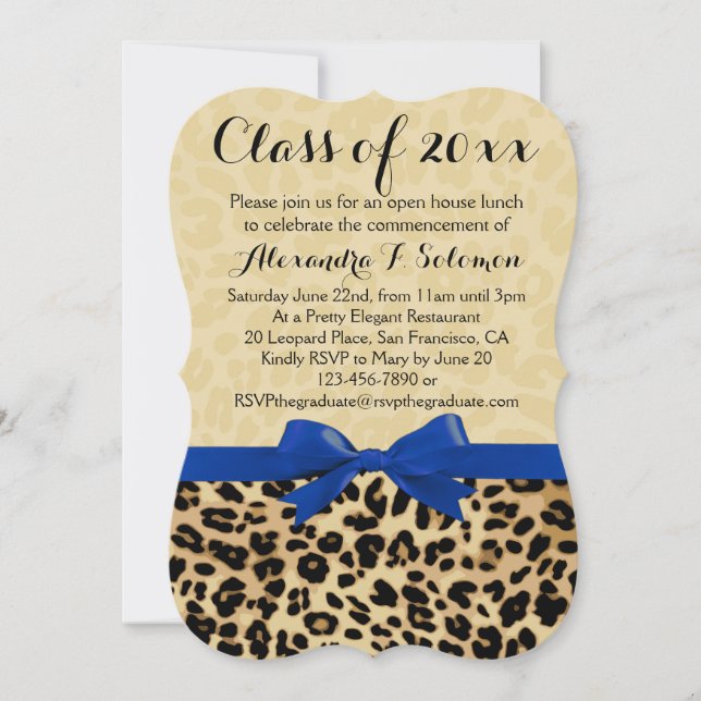 Leopard Blue Bow Abschluss/Party Einladung (Vorderseite)