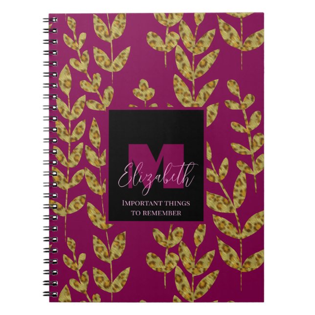Leopard Botanical Wein Pink Monogramm Benutzername Notizblock (Vorderseite)