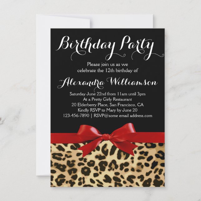 Leopard Bright Red Bow Girl's Birthday Party Einladung (Vorderseite)