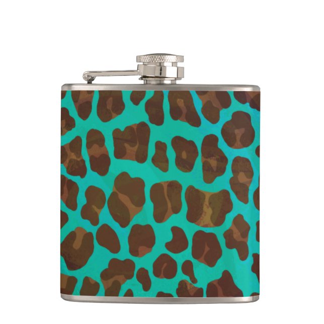 Leopard Brown und Aquamarin Print Flachmann (Vorderseite)