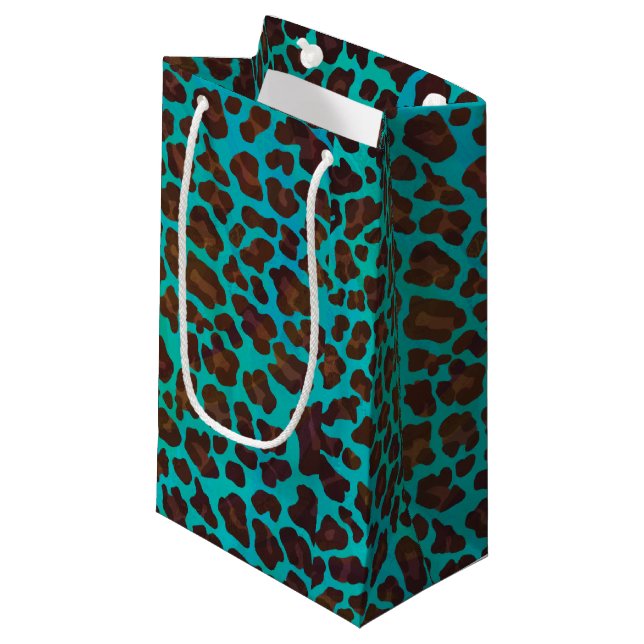 Leopard Brown und Aquamarin Print Kleine Geschenktüte (Vorderseite Schrägansicht)
