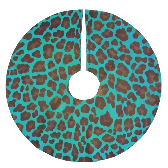 Leopard Brown und Aquamarin Print Polyester Weihnachtsbaumdecke (Vorderseite)