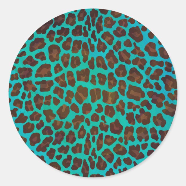 Leopard Brown und Aquamarin Print Runder Aufkleber (Vorderseite)