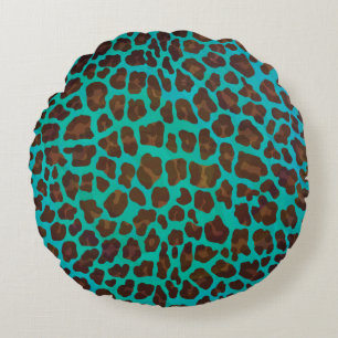 Leopard Brown und Aquamarin Print Rundes Kissen