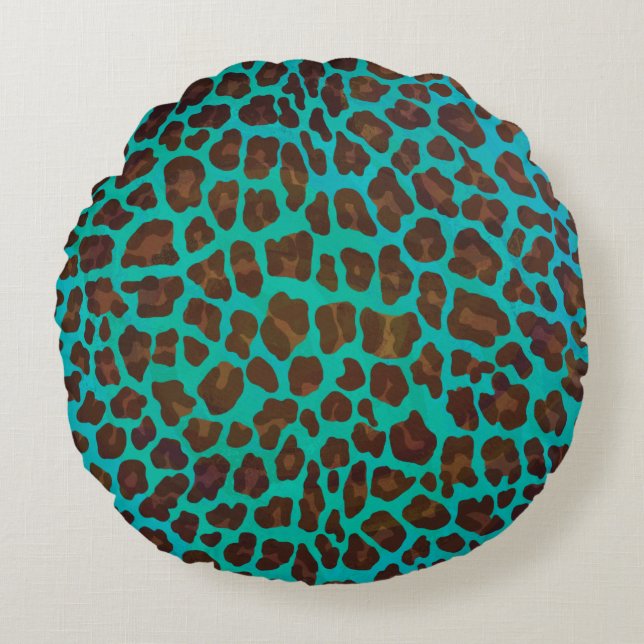 Leopard Brown und Aquamarin Print Rundes Kissen (Vorderseite)