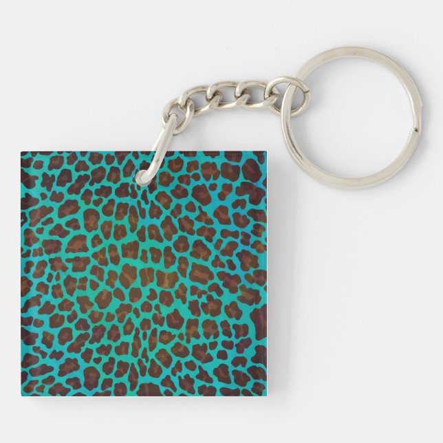 Leopard Brown und Aquamarin Print Schlüsselanhänger (Rückseite)